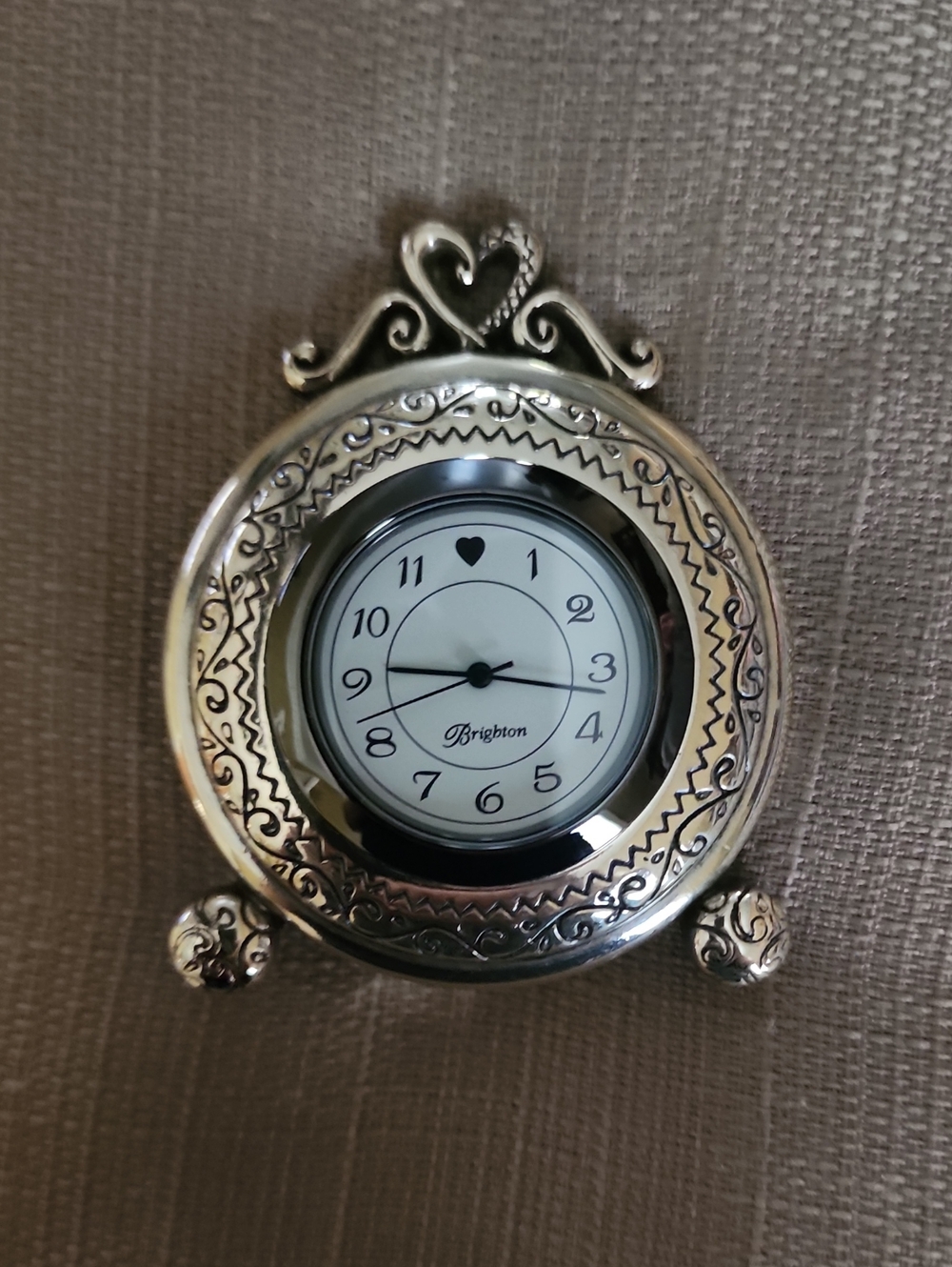 Brighton Silver Tone Heart-Top Decorative Desktop  Clock